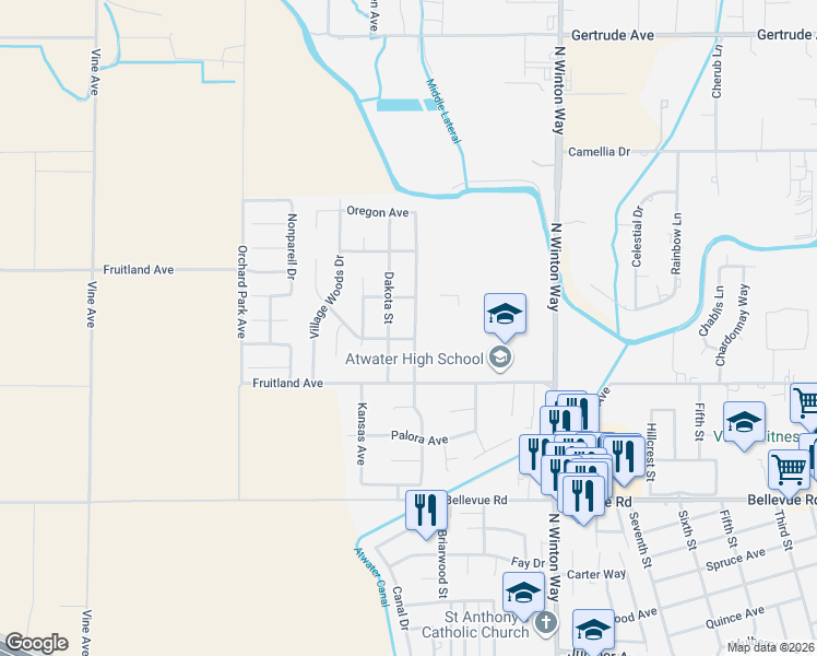 map of restaurants, bars, coffee shops, grocery stores, and more near 3221 Virginia Street in Atwater