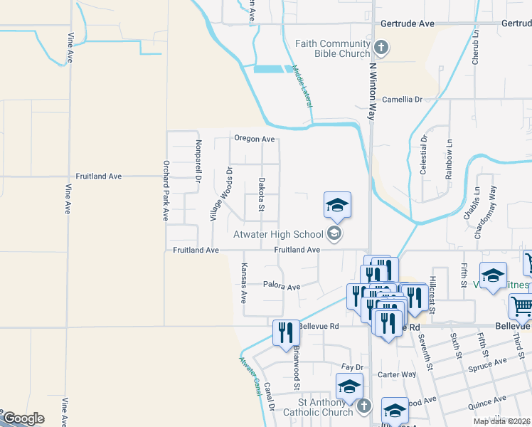 map of restaurants, bars, coffee shops, grocery stores, and more near 3293 Virginia Street in Atwater