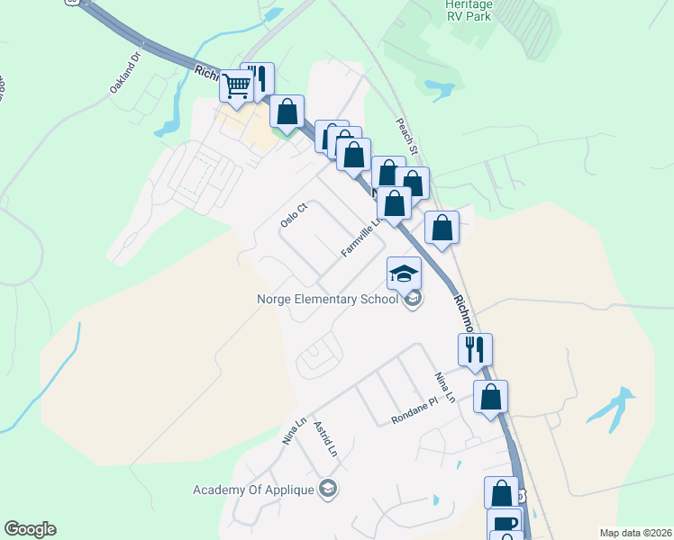 map of restaurants, bars, coffee shops, grocery stores, and more near 308 Farmville Lane in Williamsburg
