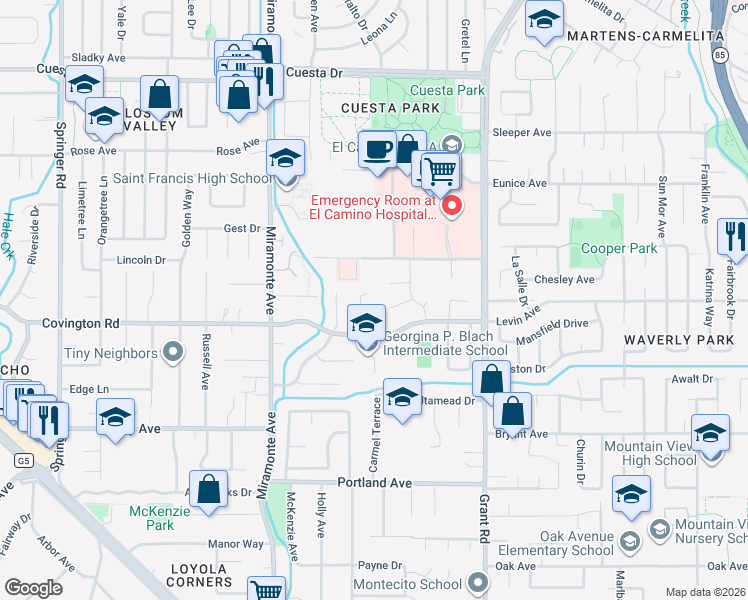 map of restaurants, bars, coffee shops, grocery stores, and more near 955 Hayman Place in Los Altos