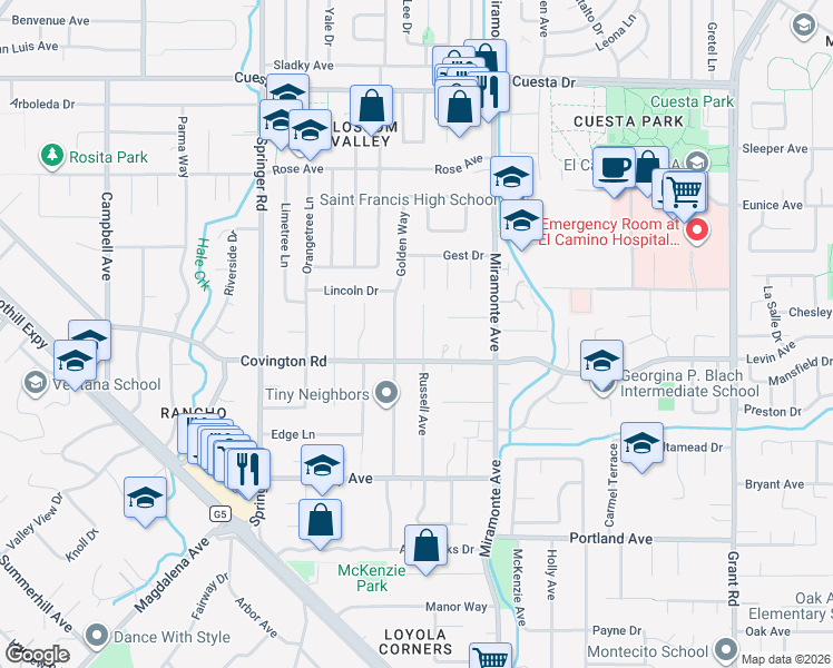 map of restaurants, bars, coffee shops, grocery stores, and more near 917 Russell Avenue in Los Altos