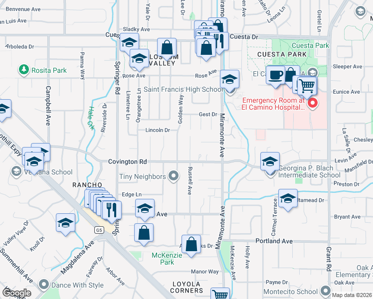 map of restaurants, bars, coffee shops, grocery stores, and more near 917 Russell Avenue in Los Altos