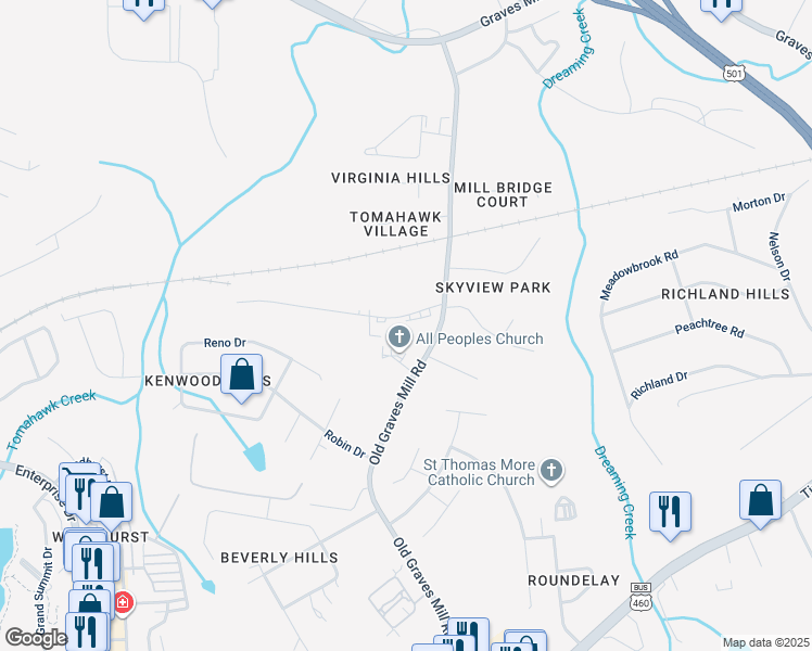 map of restaurants, bars, coffee shops, grocery stores, and more near 131 Tomahawk Industrial Park in Lynchburg