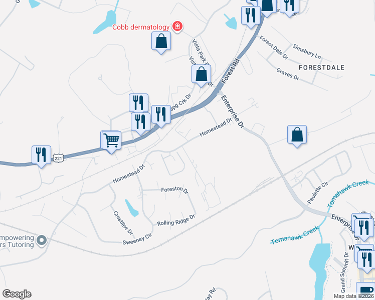map of restaurants, bars, coffee shops, grocery stores, and more near 138 Homestead Drive in Forest