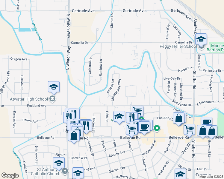 map of restaurants, bars, coffee shops, grocery stores, and more near 3070 Chablis Lane in Atwater