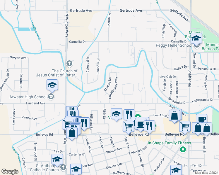 map of restaurants, bars, coffee shops, grocery stores, and more near 3070 Chablis Lane in Atwater