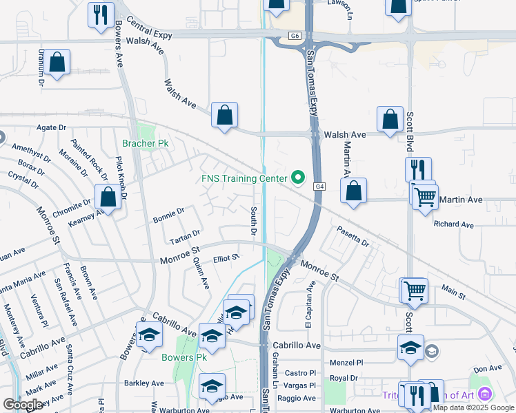 map of restaurants, bars, coffee shops, grocery stores, and more near 2383 South Drive in Santa Clara