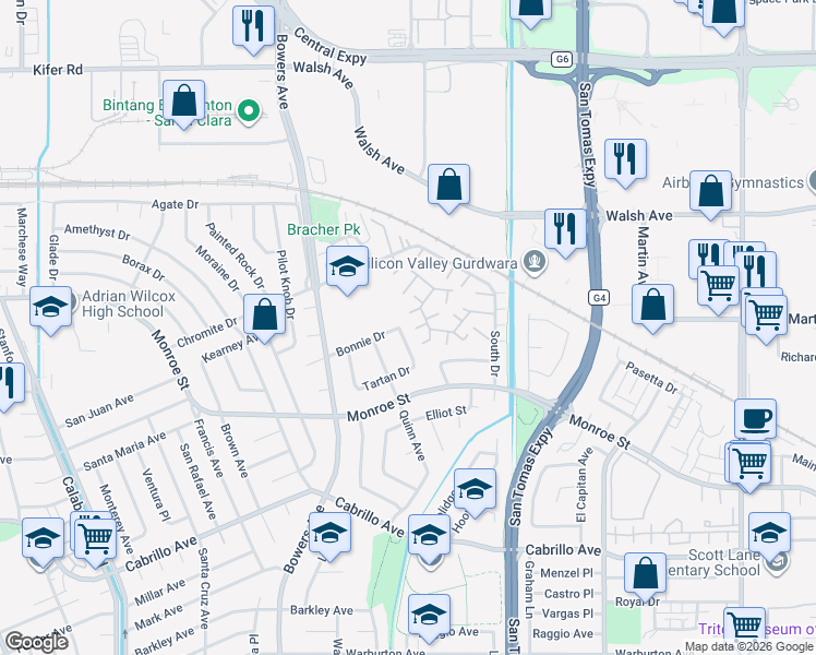 map of restaurants, bars, coffee shops, grocery stores, and more near 2540 Wickham Place in Santa Clara