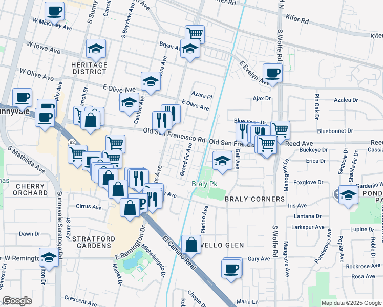 map of restaurants, bars, coffee shops, grocery stores, and more near 671 Bellflower Avenue in Sunnyvale