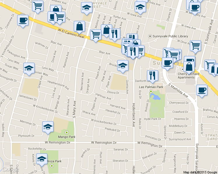 map of restaurants, bars, coffee shops, grocery stores, and more near 824 Cumberland Drive in Sunnyvale
