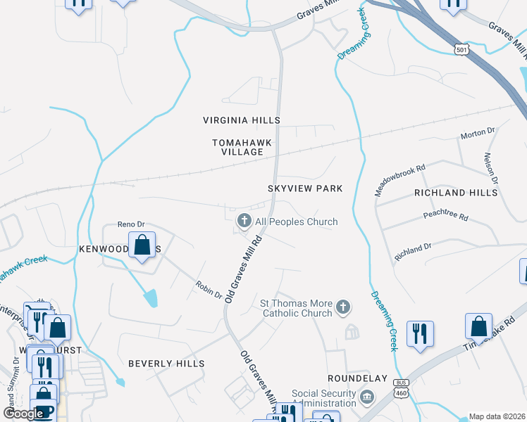 map of restaurants, bars, coffee shops, grocery stores, and more near 104 Tomahawk Industrial Park in Lynchburg