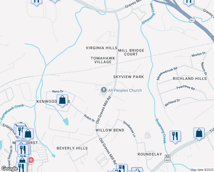 map of restaurants, bars, coffee shops, grocery stores, and more near 131 Tomahawk Industrial Park in Lynchburg