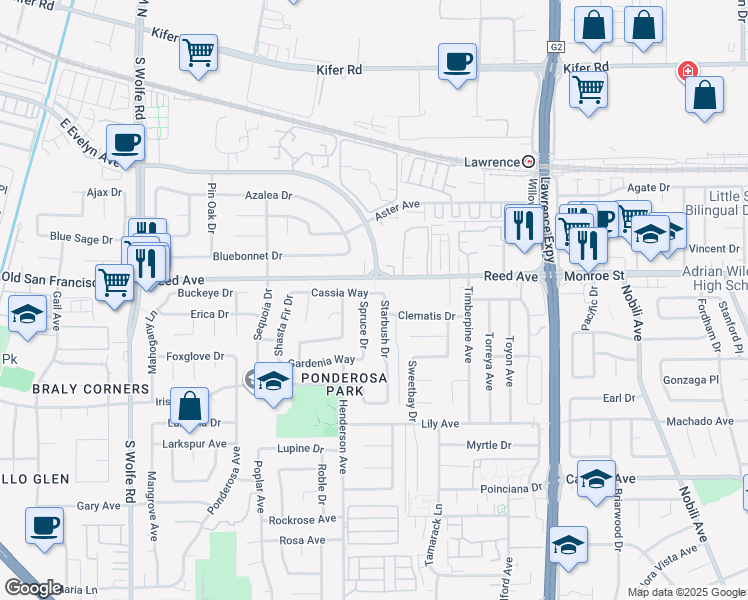 map of restaurants, bars, coffee shops, grocery stores, and more near 1065 Cassia Way in Sunnyvale