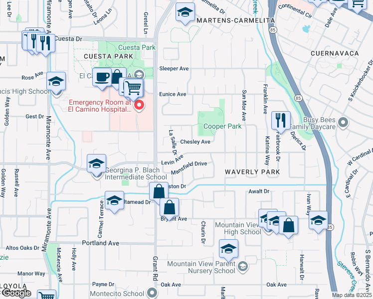 map of restaurants, bars, coffee shops, grocery stores, and more near 340 Levin Avenue in Mountain View