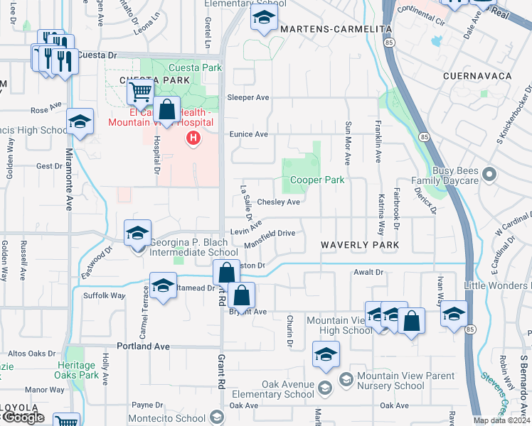 map of restaurants, bars, coffee shops, grocery stores, and more near 340 Levin Avenue in Mountain View