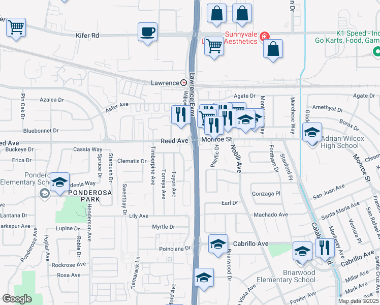 map of restaurants, bars, coffee shops, grocery stores, and more near 1180 Reed Avenue in Sunnyvale