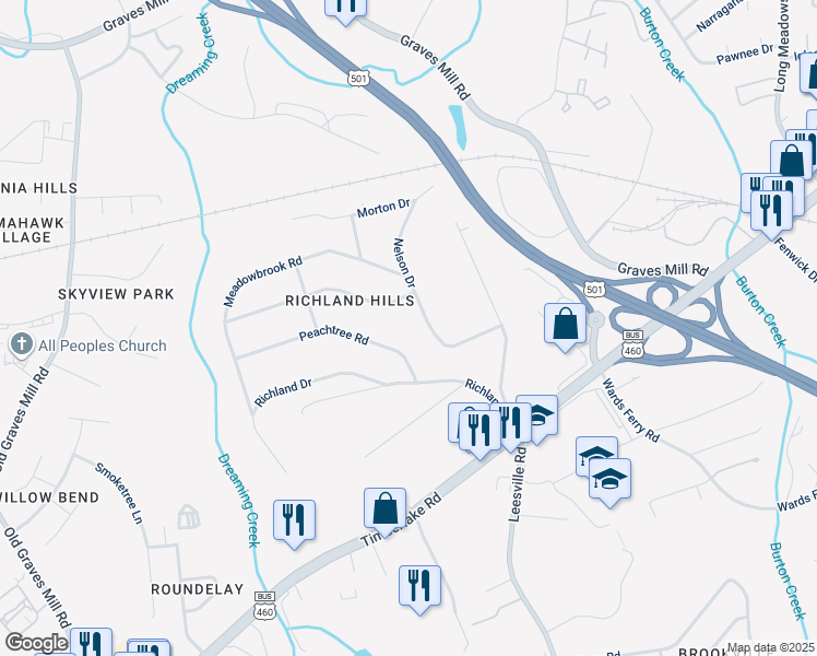 map of restaurants, bars, coffee shops, grocery stores, and more near 1433 Nelson Drive in Lynchburg