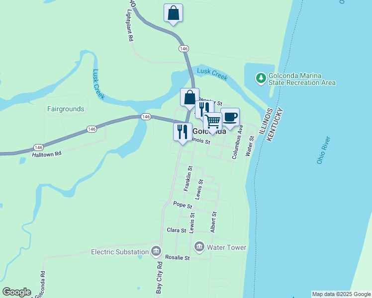map of restaurants, bars, coffee shops, grocery stores, and more near Illinois Street in Golconda