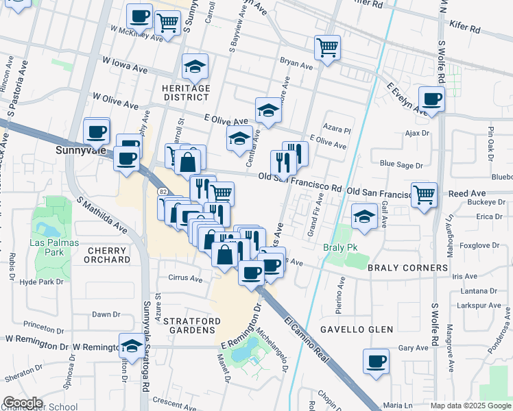 map of restaurants, bars, coffee shops, grocery stores, and more near 655 South Fair Oaks Avenue in Sunnyvale