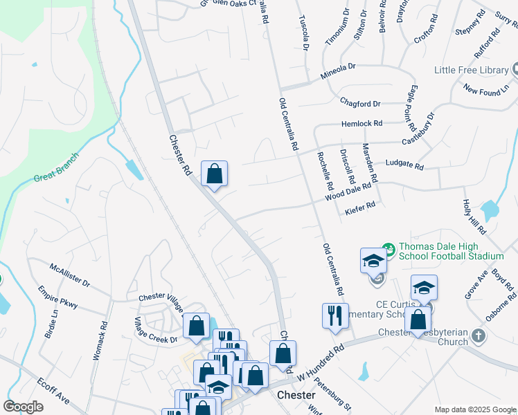 map of restaurants, bars, coffee shops, grocery stores, and more near 3918 Wood Dale Road in Chester