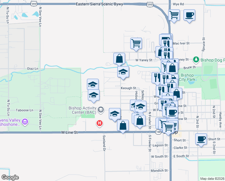 map of restaurants, bars, coffee shops, grocery stores, and more near 725 Keough Street in Bishop