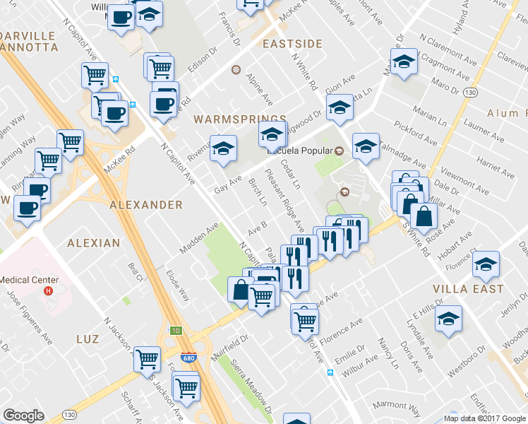 map of restaurants, bars, coffee shops, grocery stores, and more near 112 Birch Lane in San Jose
