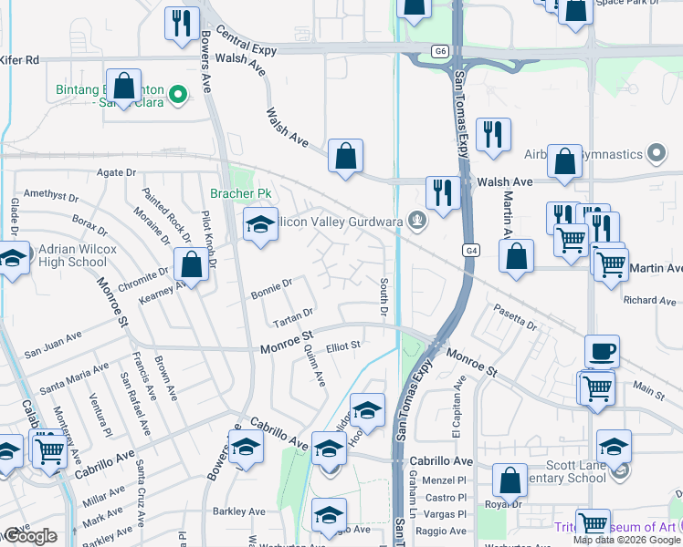 map of restaurants, bars, coffee shops, grocery stores, and more near 2461 Mosswood Lane in Santa Clara