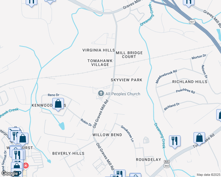 map of restaurants, bars, coffee shops, grocery stores, and more near 104 Tomahawk Industrial Park in Lynchburg