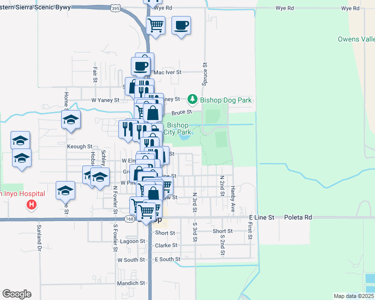 map of restaurants, bars, coffee shops, grocery stores, and more near 287 East Elm Street in Bishop
