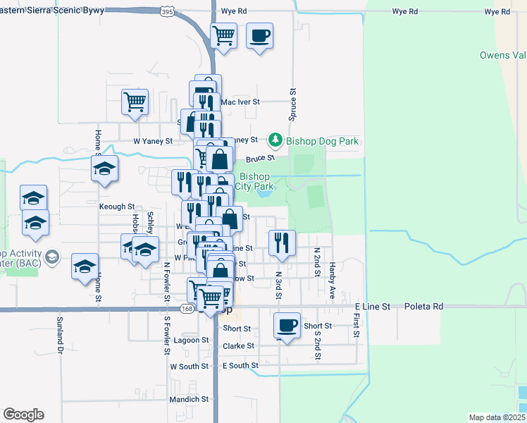 map of restaurants, bars, coffee shops, grocery stores, and more near 287 East Elm Street in Bishop
