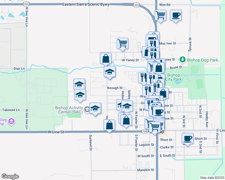 map of restaurants, bars, coffee shops, grocery stores, and more near 637 Keough Street in Bishop