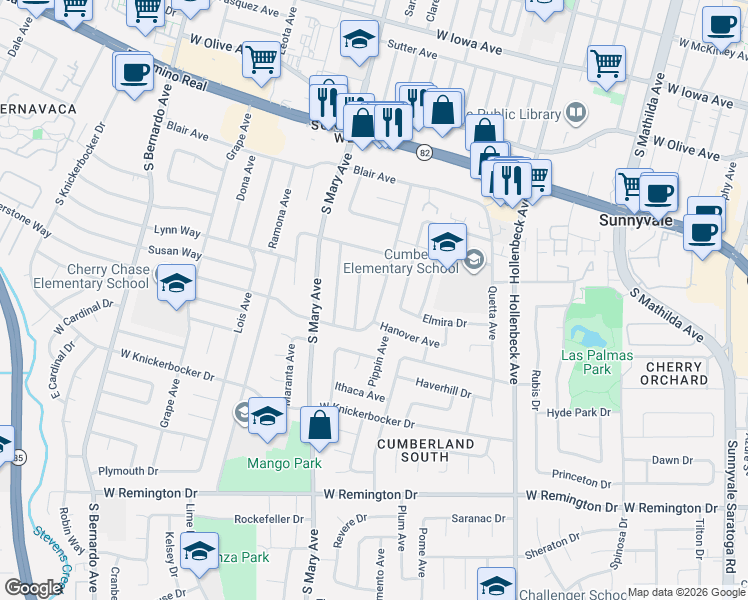 map of restaurants, bars, coffee shops, grocery stores, and more near 829 Peach Avenue in Sunnyvale
