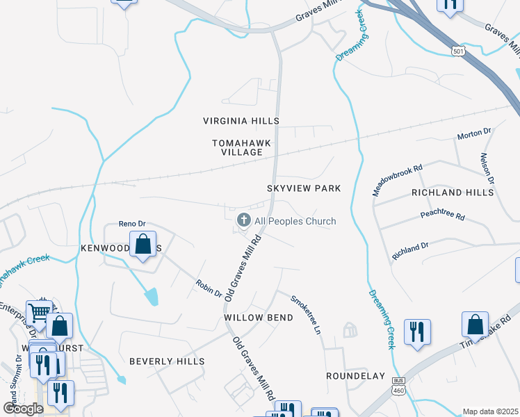 map of restaurants, bars, coffee shops, grocery stores, and more near 104 Tomahawk Industrial Park in Lynchburg