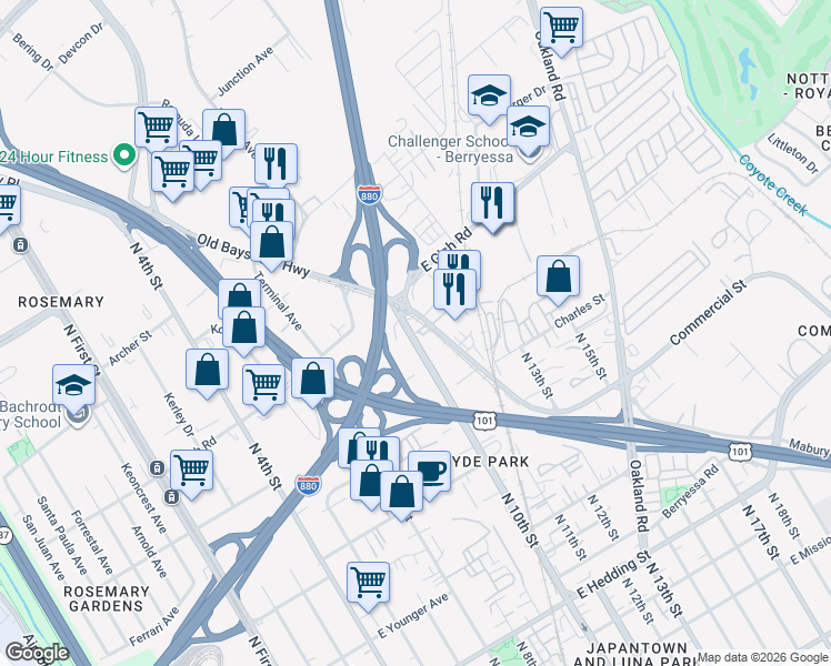 map of restaurants, bars, coffee shops, grocery stores, and more near 1410 North 10th Street in San Jose