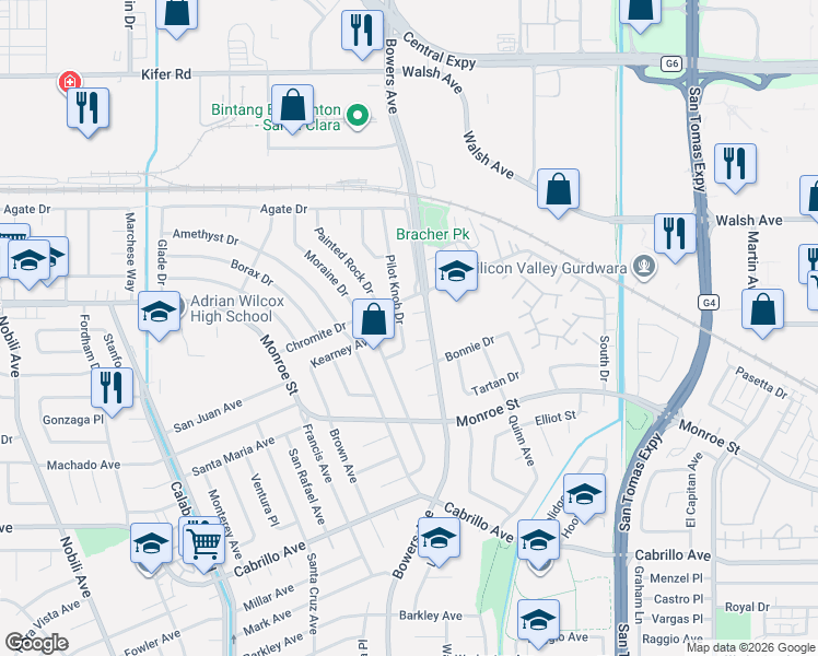 map of restaurants, bars, coffee shops, grocery stores, and more near 2421 Pilot Knob Drive in Santa Clara