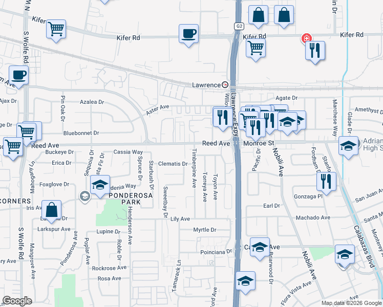 map of restaurants, bars, coffee shops, grocery stores, and more near 1102 Reed Avenue in Sunnyvale