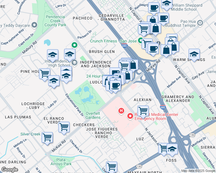 map of restaurants, bars, coffee shops, grocery stores, and more near 309 Cravens Court in San Jose