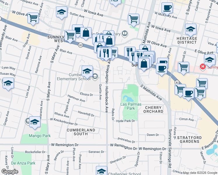 map of restaurants, bars, coffee shops, grocery stores, and more near in Sunnyvale