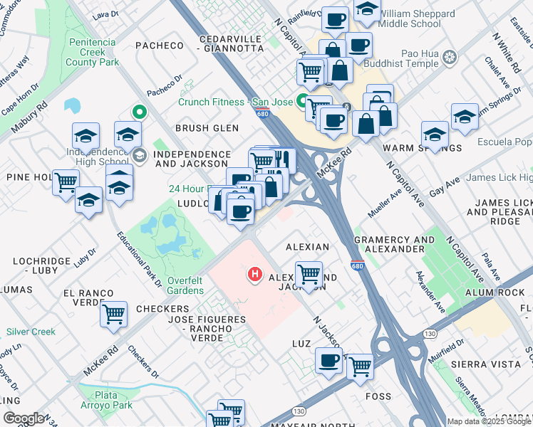 map of restaurants, bars, coffee shops, grocery stores, and more near 2343 McKee Road in San Jose