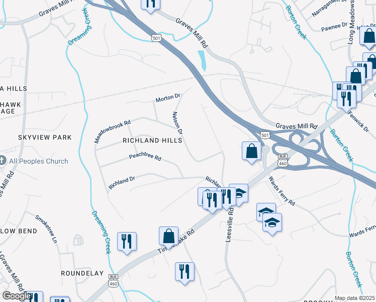 map of restaurants, bars, coffee shops, grocery stores, and more near 1433 Nelson Drive in Lynchburg