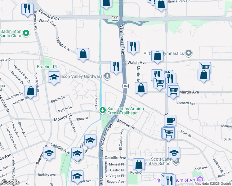 map of restaurants, bars, coffee shops, grocery stores, and more near 2425 Alvarado Drive in Santa Clara
