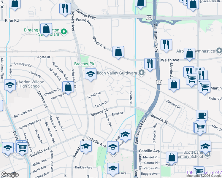 map of restaurants, bars, coffee shops, grocery stores, and more near 2540 Wickham Place in Santa Clara