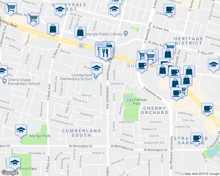 map of restaurants, bars, coffee shops, grocery stores, and more near in Sunnyvale