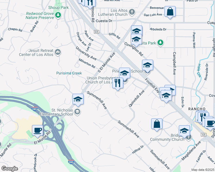 map of restaurants, bars, coffee shops, grocery stores, and more near 804 Nash Road in Los Altos