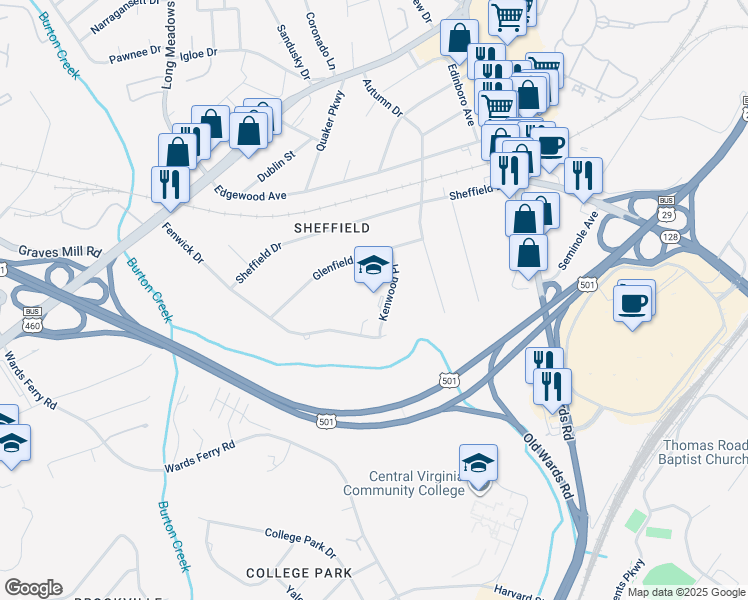 map of restaurants, bars, coffee shops, grocery stores, and more near 115 Kenwood Place in Lynchburg