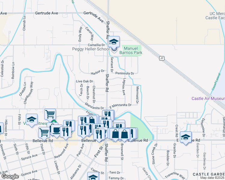 map of restaurants, bars, coffee shops, grocery stores, and more near 104 Clipper Court in Atwater