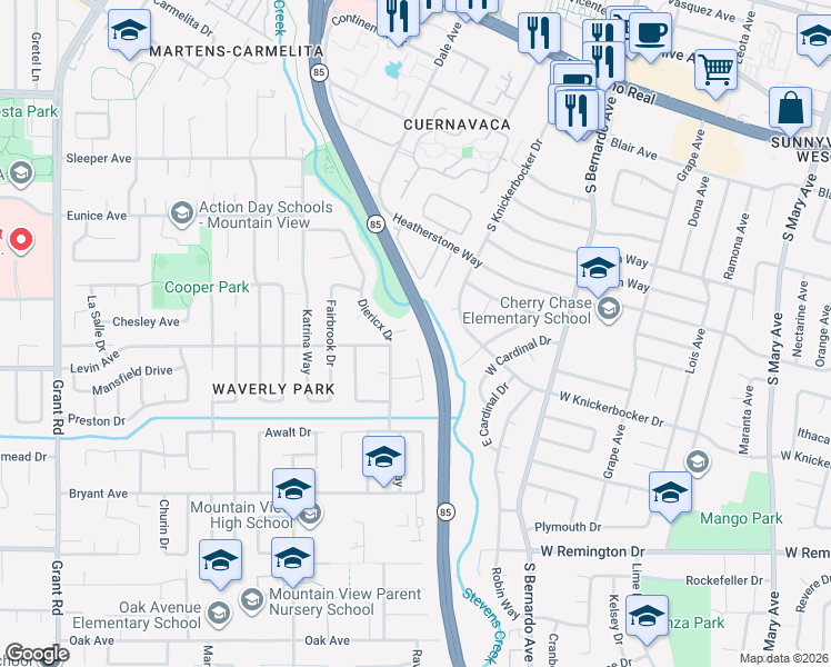 map of restaurants, bars, coffee shops, grocery stores, and more near 1316 Brook Place in Mountain View