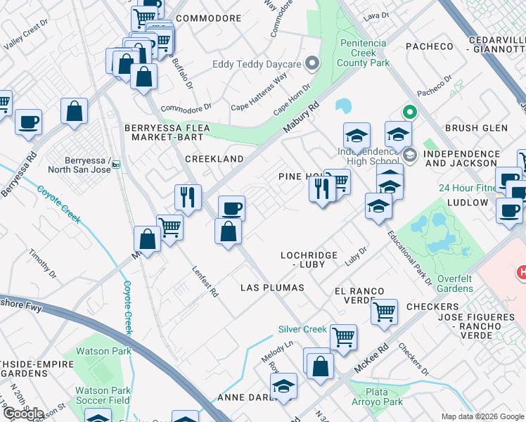 map of restaurants, bars, coffee shops, grocery stores, and more near 1809 Sable Place in San Jose