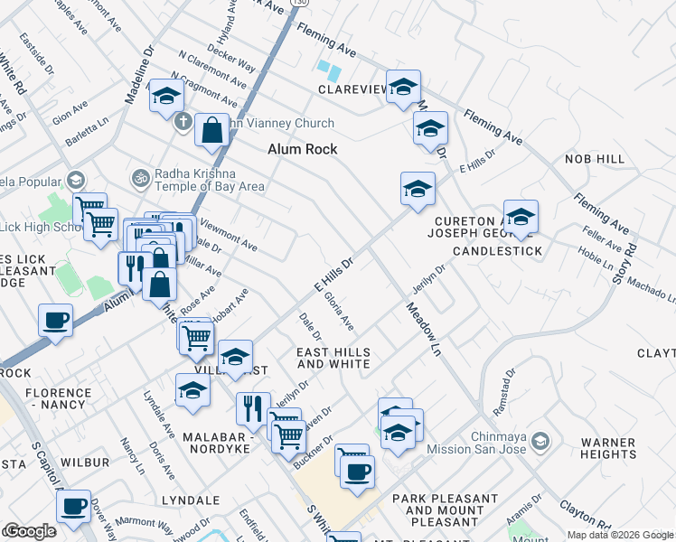 map of restaurants, bars, coffee shops, grocery stores, and more near 3504 E Hills Dr in San Jose
