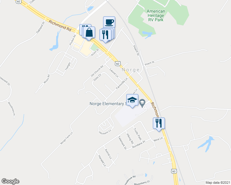 map of restaurants, bars, coffee shops, grocery stores, and more near 311 Farmville Lane in Williamsburg